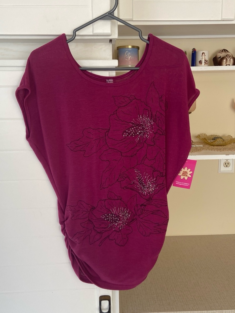 Y2K Purple floral rhinestone blouse with ruching on the sides